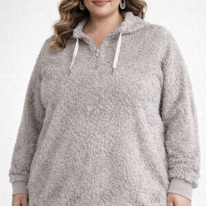 Women’s Plus Size Sherpa Fleece Quarter Zip Pullover Hoodie Gray 3XL Pockets